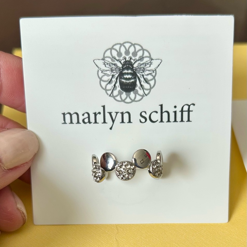 Marlyn Schiff Silver Tone Circle Dot Ring with Crystal Accents. Adjustable.